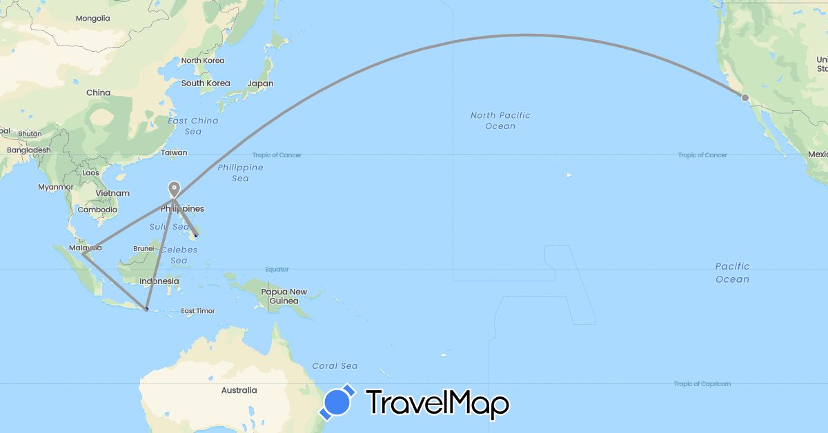 TravelMap itinerary: driving, plane in Indonesia, Malaysia, Philippines, United States (Asia, North America)